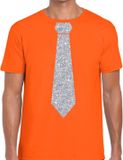 Bellatio Decorations Carnaval verkleed t-shirt - met zilveren glitter stropdas - oranje - voor heren - disco - glamour - koningsdag XL