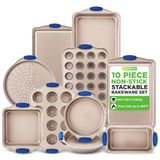 NutriChef Bakvorm Anti-aanbak Set 10-Delig – Koolstofstaal met Siliconen Handgrepen, Inclusief Pizza Crisper, Broodvorm, Muffinvorm 12 & 24 Cups, Ronde & Vierkante Pannen