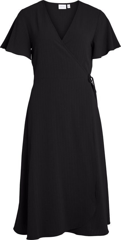 VILA VILOVIE S/S WRAP MIDI DRESS/SU - NOOS Dames Jurk - Maat 42 - Zwart - Korte mouw - Wikkeljurk