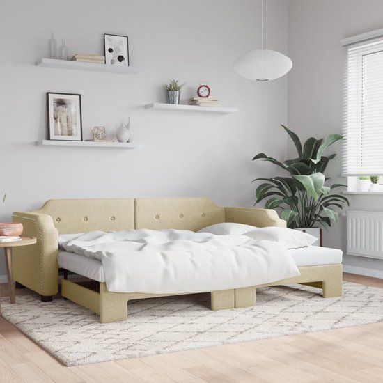 vidaXL Slaapbank met onderschuifbed 100x200 cm stof crèmekleurig