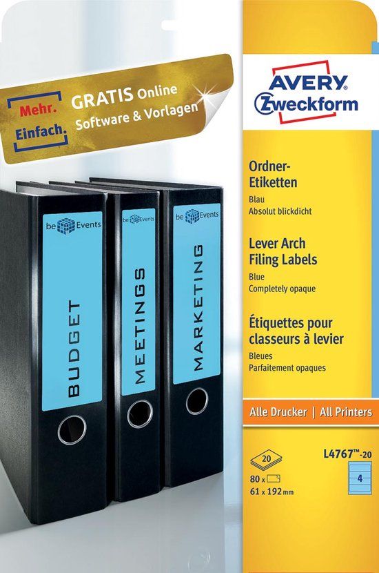 Avery Zweckform L4767-20 Ordnerrugetiketten - Blue - 80 Labels