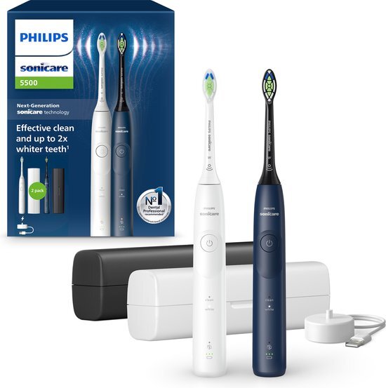 Philips Sonicare 5500 Series - Elektrische Tandenborstels - Duopack – 2 Reisetuis- 2 poetsstanden - Wit&Blauw - Wittere tanden - HX7119/01