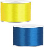 Merkloos Sierlinten/cadeaulinten/satijnen linten - Set 2x stuks - geel en blauw - 38 mm x 25 meter
