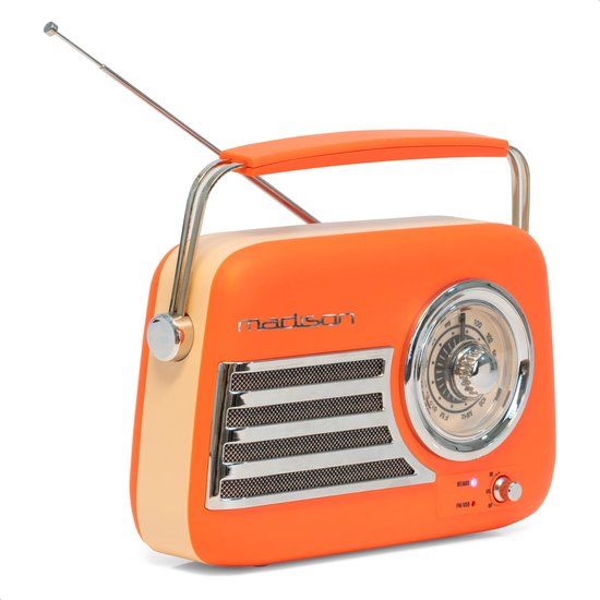 Madison FREESOUND-VR40OR-MAT - Vintage Radio 30W op Batterij - Bluetooth, FM, USB, AUX, Subwoofer - Mat Oranje