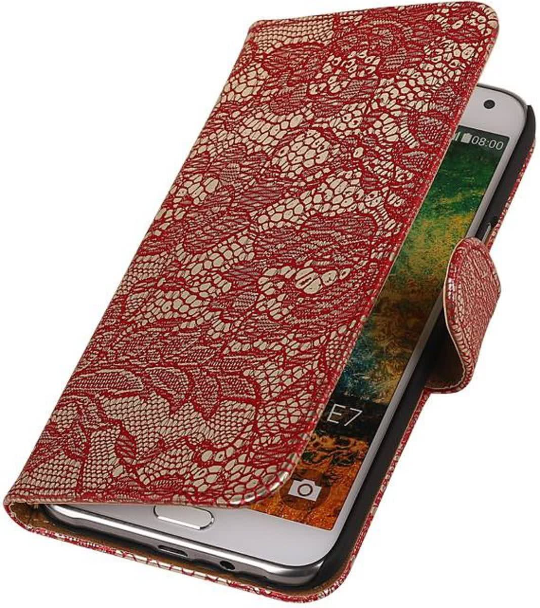 Best Cases Panda Best Cases Samsung Galaxy E7 - Lace Bloem Design Rood - Book Case Wallet Cover Hoesje