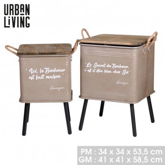 Urban Living "LOFT & METAL" Set van 2 metalen bijzettafels met poten en touwhandvatten in taupe