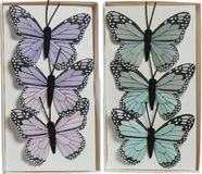 Decoris Decoratie vlinders op draad - 6x stuks - blauw - paars - 6 cm