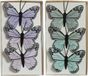 Decoris Decoratie vlinders op draad - 6x stuks - blauw - paars - 6 cm