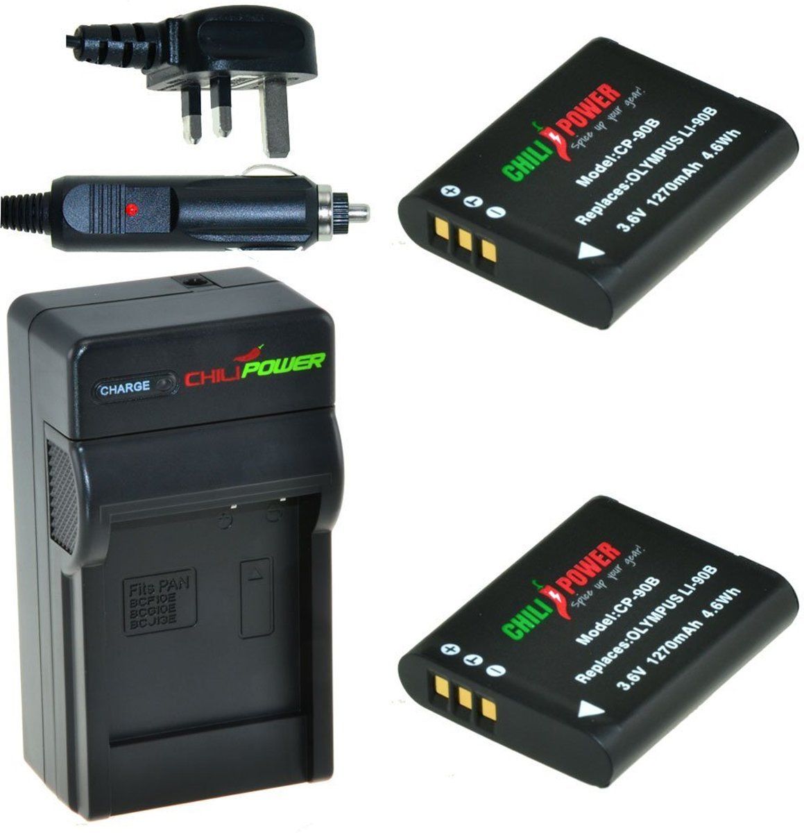 ChiliPower 2 x Li-90B accu's voor Olympus - Charger Kit + car-charger - UK version