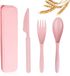 Merkloos Ensemble de couverts de voyage réutilisables avec étui, paille de blé, couteau portable, fourchette, cuillères, couverts, vaisselle écologique sans BPA pour enfants, adultes, voyage, pique-nique, camping, couverts - rose