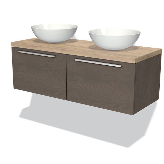 Maxaro Badkamermeubel Modulo Plato 120cm Donkerbruin Eiken 2 Lades Lichtbruin Eiken Blad