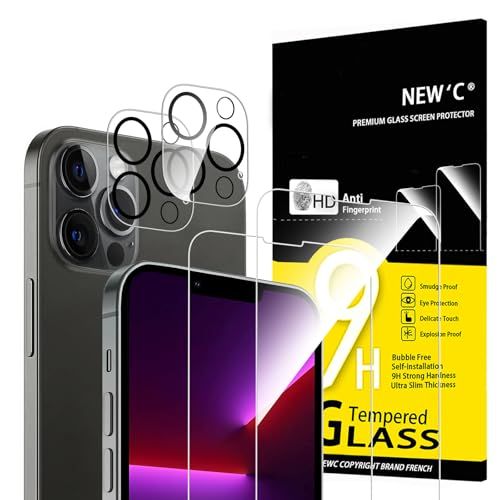 NEW'C Set van 4, 2 x Screen Protector voor iPhone 13 Pro en 2 x Camera Lens Protector - Gehard Glass Schermbeschermer - Luchtbelvrij - Ultrabestendig - 9H hardheidsglas