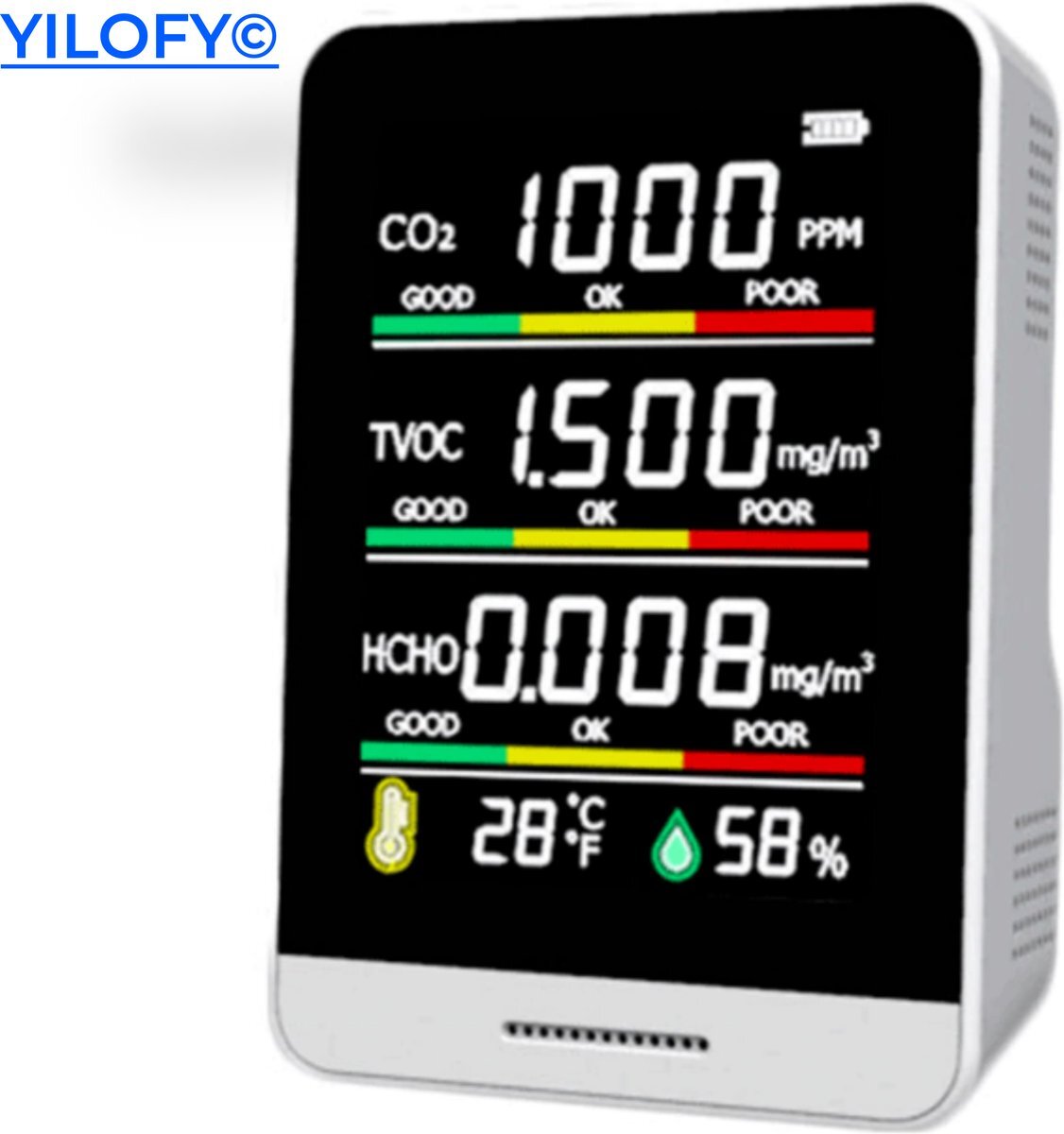 YILOFY Professionele 5 in 1 Luchtkwaliteitsmeter Hygrometer CO2 Meter Horeca Draagbaar LCD Scherm Monitor CO2 - Luchtvochtigheidsmeter Sensor - Melder - Temperatuur - Thermometer Binnen Buiten - Oplaadbaar + USB Kabel