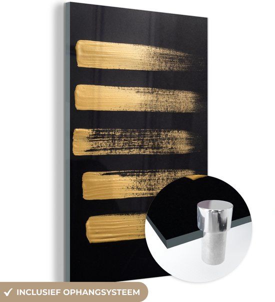 MuchoWow® Glass Painting 40x60 cm - Acrylic Glass Painting - Pattern of Gold Paint on a Black Background - Photo on Glass - Paintings