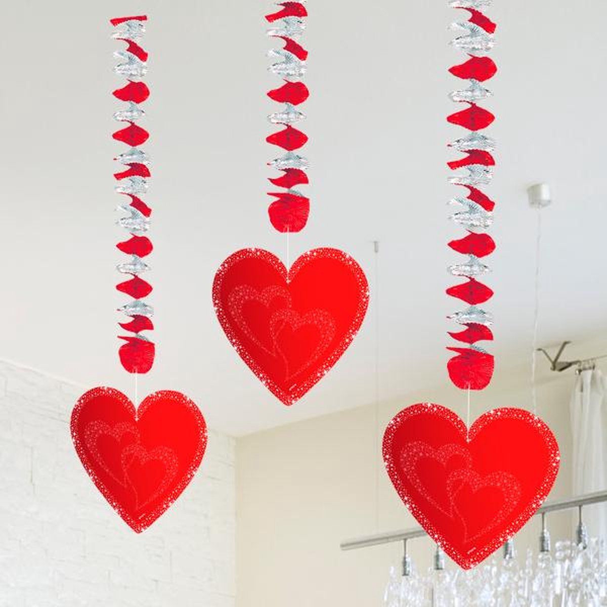 Folat Hangende decoratie harten - 3 stuks, 24454, rood