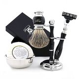 Haryali London Scheerset voor heren - 5 stuks scheerset - 3 randen scheerblad scheerscheermes - beste dassen-scheerkwast - scheerzeep - scheerkom - scheerstandaard - zwarte kleur scheerset als cadeau