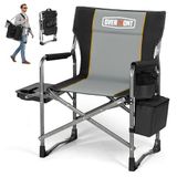 OVERMONT Directors Campingstoel voor volwassenen, zware opvouwbare buitenstoelen met opvouwbare bijzettafel en koeltas voor buiten, kamp, strand, picknick, gazon, vis, zwart/grijs