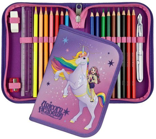 Unicorn Academy Gevulde Etui - 2 Vaks Pennenetui - 22 delig - Paars