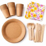 Packadi Bol Wegwerp servies set voor 20 personen – 20 kartonnen borden 23 cm, 20 bekers 240 ml, 20 houten vorken, 20 houten messen en 20 servetten 33x33 cm Daisies mix