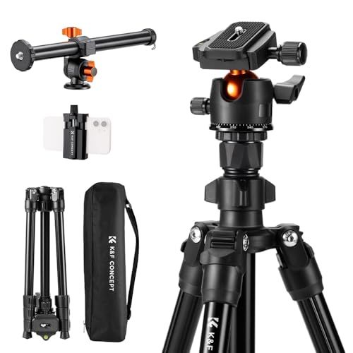 K&F Concept Statief met Diafragma Arm, Camera en Smartphone Statief 163cm, Lichtgewicht en Compact Aluminium, Compatibel met Canon Nikon Sony DSLR iPhone Samsung, 360°Balhoofd