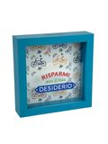 Decoratieve spaarpot van hout met fietsmotief, 16 x 16 cm, lichtblauw