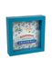 Decoratieve spaarpot van hout met fietsmotief, 16 x 16 cm, lichtblauw