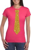 Bellatio Decorations Shoppartners Bv Roze fun verkleed t-shirt - met stropdas - in glitter goud - dames - korte mouwen L