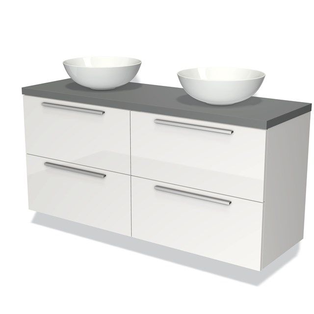 Maxaro Badkamermeubel Modulo Plato 140cm Hoogglans Wit 4 Lades Vlak Middengrijs Blad