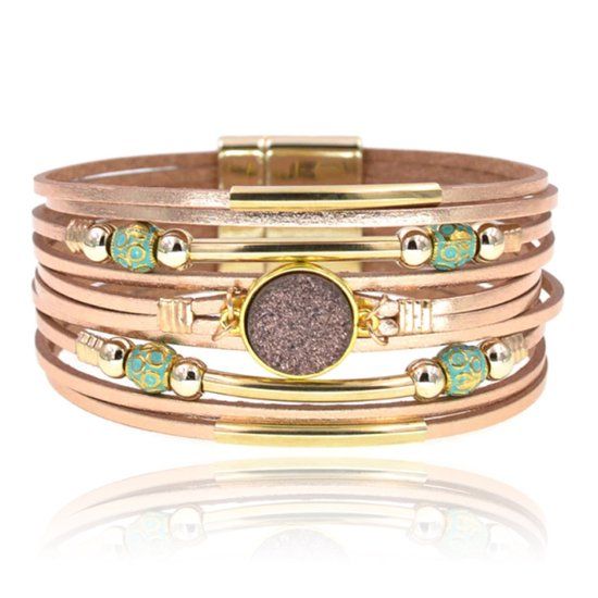 Deja Jewels Rosé goudkleurige multilayer leren dames armband met steen en kralen