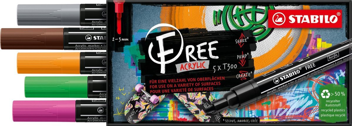 Stabilo FREE - Acryl Marker - T300 - Ronde Punt - 2-3 mm - Set Vintage - Met 5 Verschillende Kleuren