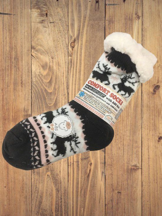 Wintersokken met fleece voering - Grijs/wit/rose met rendier print - One size - Unisex