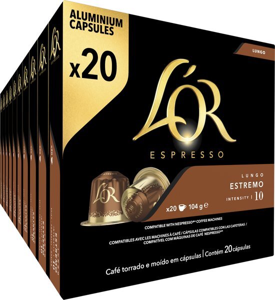 L’OR Espresso Koffiecups Lungo Estremo (200 Lungo Koffie Capsules, Geschikt voor Nespresso* Koffiemachines, Intensiteit 10/12, 100% Arabica Koffie, UTZ Gecertificeerd), 10 x 20 Cups