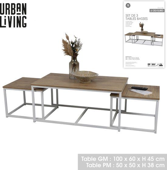 Urban Living "LA CASA BLANCA" Salontafel Set van 3 Hout en Metaal 1-100x60xH45cm + 2-50x50xH38cm