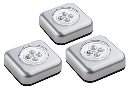 Müller-Licht 400136, LED-batterij-druklamp, set van 3 inclusief kleefpad en 3 stuks AAA-batterijen, plastic, 0,5 watt, zilver, 6,8 x 6,8 x 2,5 cm