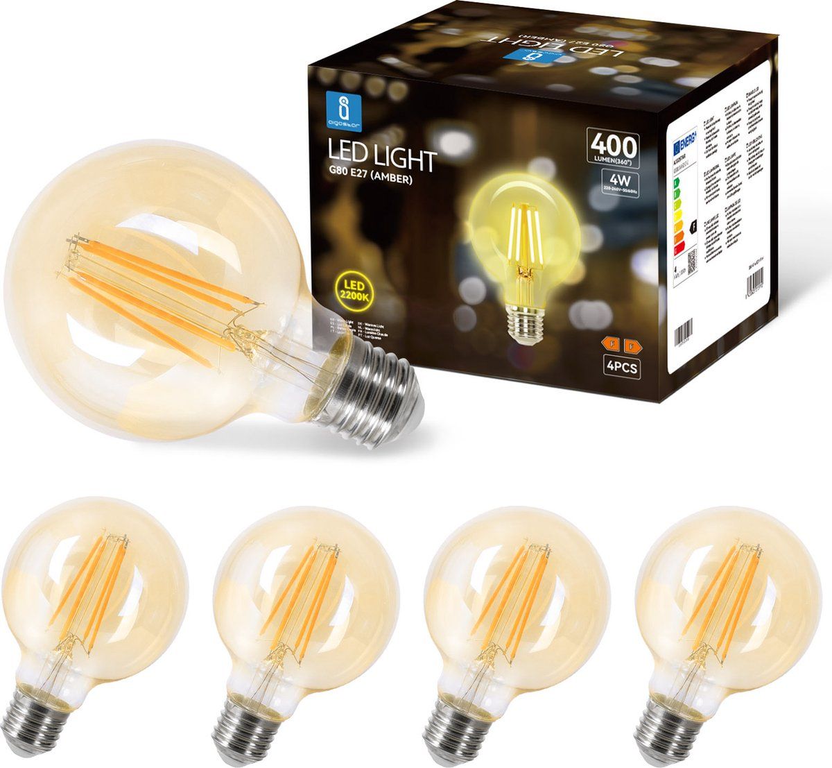 Aigostar 10ZCU - G80 LED Bulb - Filament lamp - E27 - 4W - 2200K - Amber - Set van 4