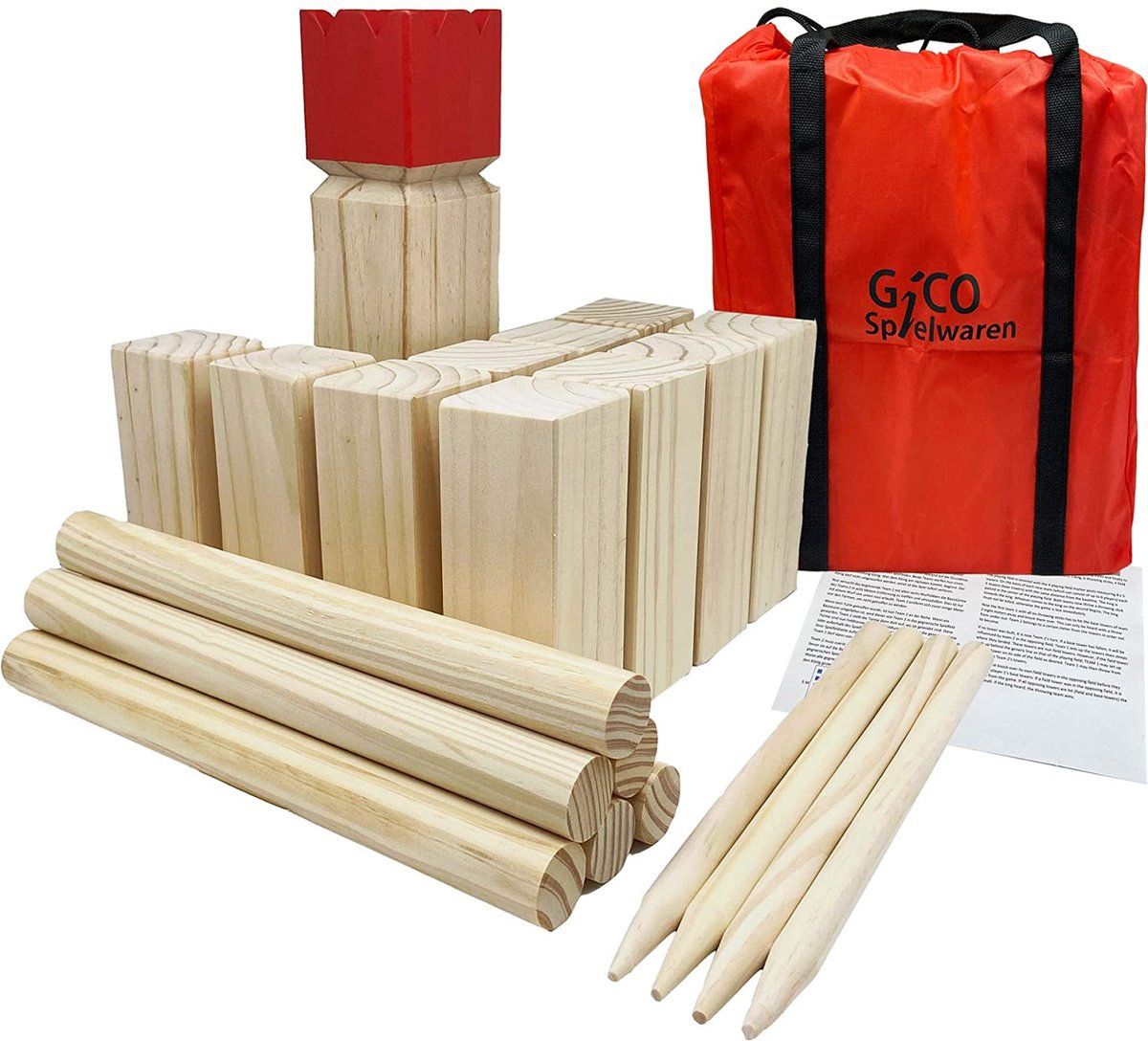 GICO Original Kubb - XL Uitvoering met Rode Koning - Massief Hout