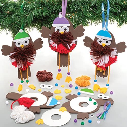 Baker Ross FE872 Robin Pom Pom Decoratie Sets - Set van 3, Kerst Ambachten, Pom Pom Decoraties voor kinderen om te maken, versieren en tentoonstellen, Creatieve activiteiten voor kinderen