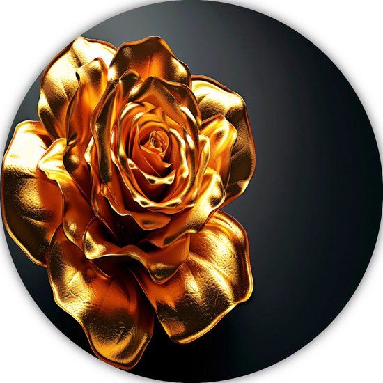 Merkloos / Sans marque Roos Muurcirkel - Bloem Wandcirkel - Forex - 70x70 cm - Goud/Zwart