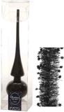 Decoris Kerstversiering glazen piek 26 cm - 2x sterren folieslingers 270 cm - zwart - set van 3x