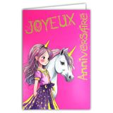 69-8117 FLUO-kaart 69-8117 Happy Birthday meisje met envelop 12 x 17,5 cm – eenhoorn illustratie jeugd stijl mangastijl wit paard pony – echte fluo-inkten roze geel – gemaakt en geproduceerd in Frankrijk
