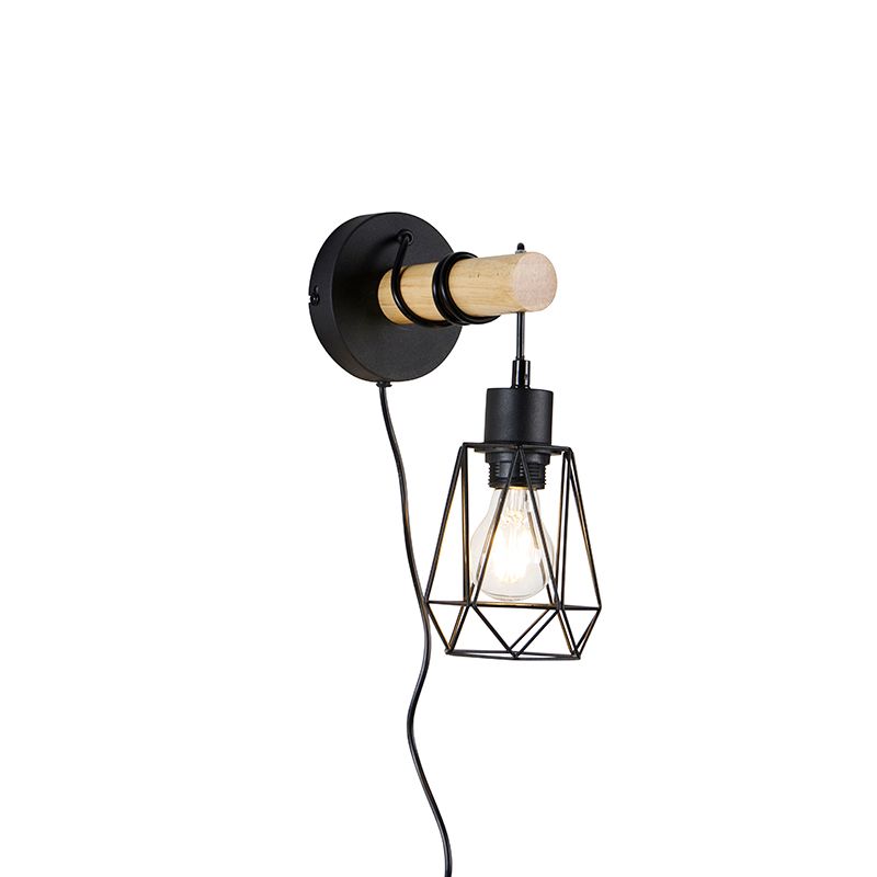 QAZQA Dami Frame Wandlamp - Zwart - Hout - E27