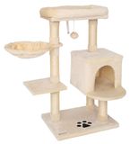 Poteau griffoir chat - 93 cm - Peluche balle, grotte et lit - Sisal - Beige - Avec fixation murale