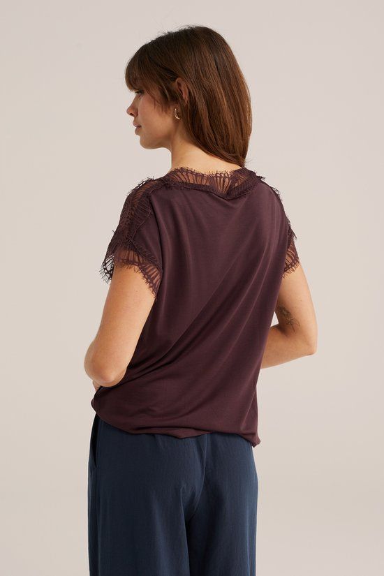 WE Fashion Dames jersey T-shirt met kant Aubergine XL