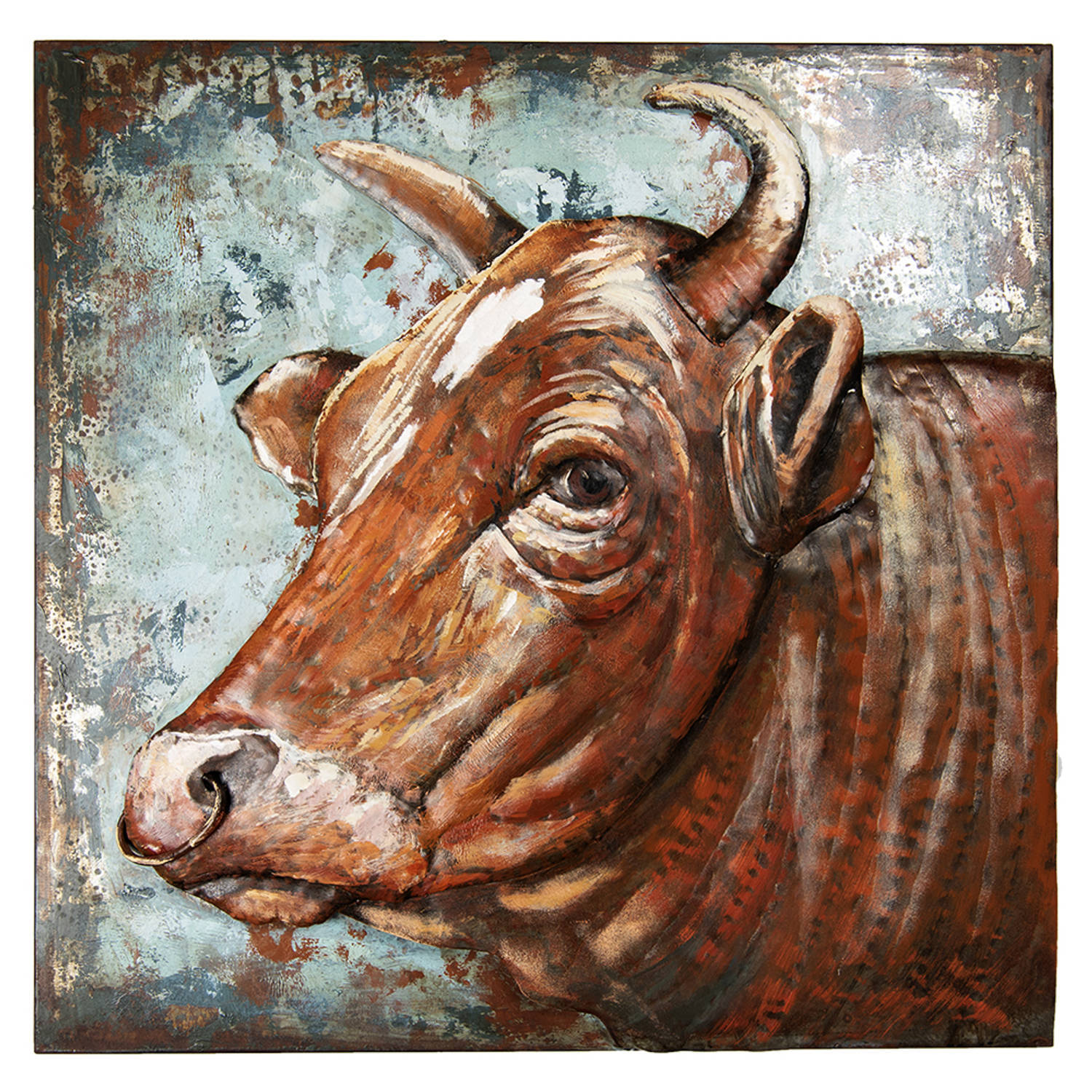 Clayre & Eef metalen schilderij 80x80 cm bruin ijzer koe wanddecoratie muurdecoratie schilderij bruin wanddecoratie