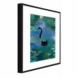 WALLARENA - Schilderij met reliëf en passe-partout 90x60 cm - zwarte lijst - kat met waterlelies in Monet-stijl