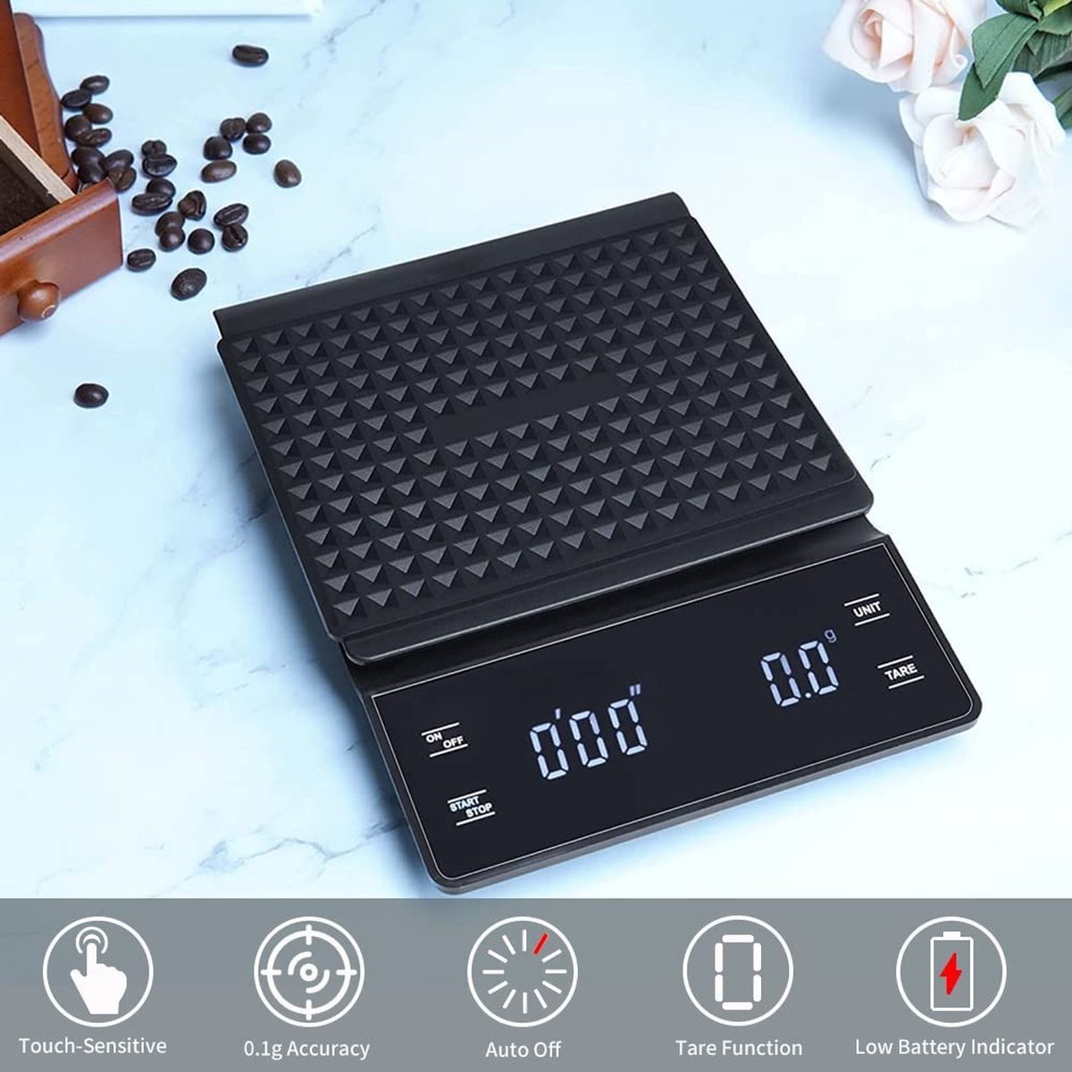 imtex - Keukenweegschaal - Koffie Scale - met Timer - LED Scherm - 3000 gram - 3 kilo - Zwart