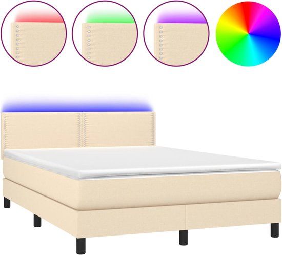 vidaXL Boxspring met matras en LED stof crèmekleurig 140x190 cm