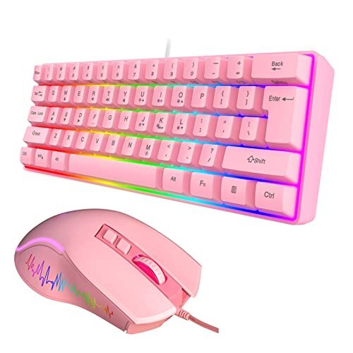 Ohfruit Gaming toetsenbord en muis combo - 61 toetsen RGB toetsenbord met achtergrondverlichting, lichtgewicht 400 FPS honingraat optische muis, RGB bedrade gameset voor pc MAC PS5 Xbox roze