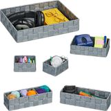 Merkloos Relaxdays opbergmand set van 6, gevlochten organizers, kastmanden, kunststof, badkamermanden, 4 groottes, grijs