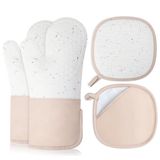 Romon Pannenlappen, set van 4 (2 ovenwanten + 2 pannenlappen), hittebestendig tot 350 °C, antislip, siliconen pannenlappen voor keuken, grill, beige